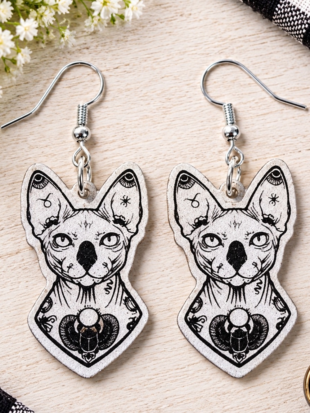 Sphynx Cat Dangle Earrings — Black and White Boho Pet Jewelry